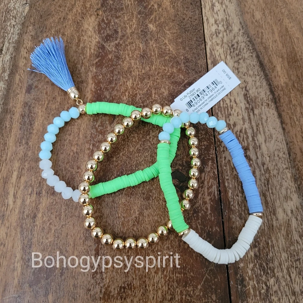 $58 Lilly Pulitzer Gold Tone Colorful Triple Strand Tassel Stretch Bracelet